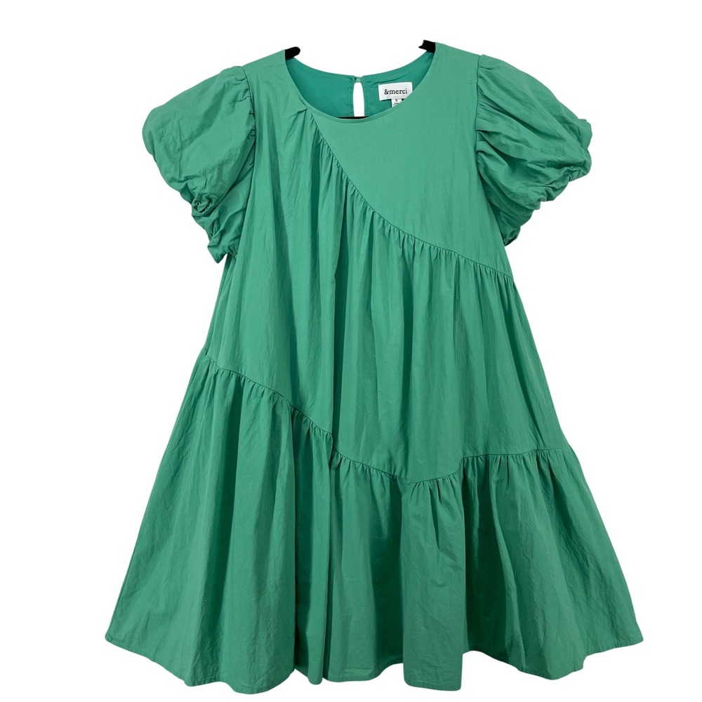 &merci Size Small Mini Babydoll Dress Green Puff Sleeve‎ Tiered Pockets Womens